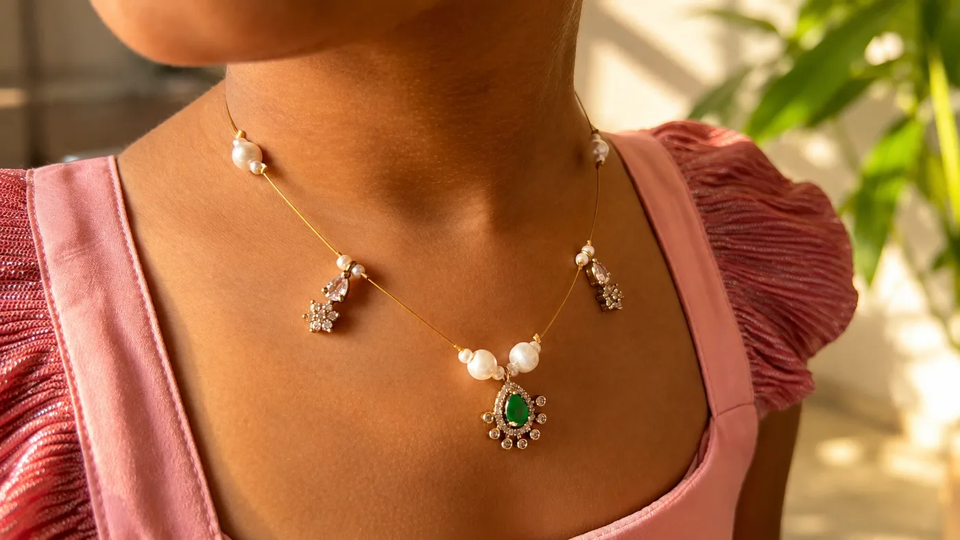 Emerald Teardrop & Star Charm Dainty Chain